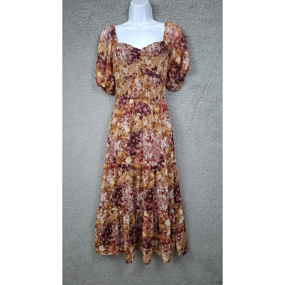 Lauren Conrad Autumn Floral Puff Sleeve Dress Women's Large Smocked Midi
